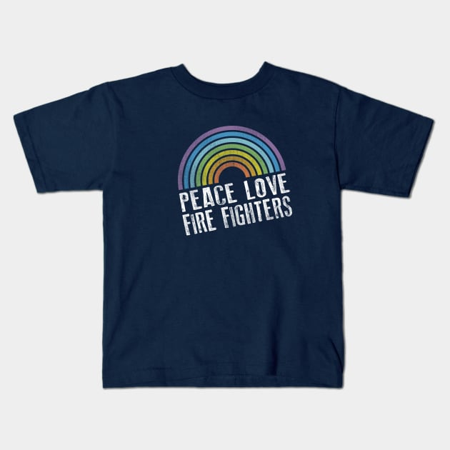 PEACE LOVE FIREFIGHTERS - RETRO RAINBOW Kids T-Shirt by Jitterfly